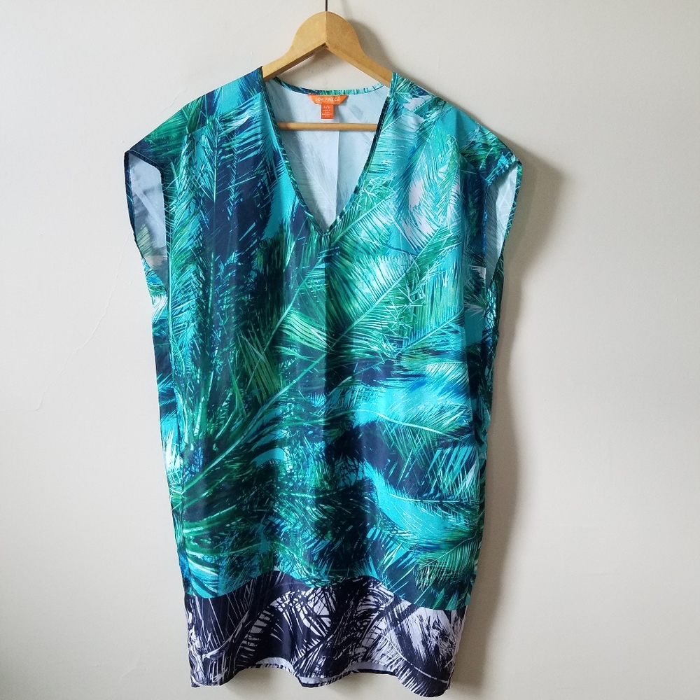 Joe Fresh Size Large Tropical Palm Trees Blue Swim Cover Up Oversized Loose Fit